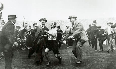 Dorando Pietri finishes 1908 Controversial Marathon