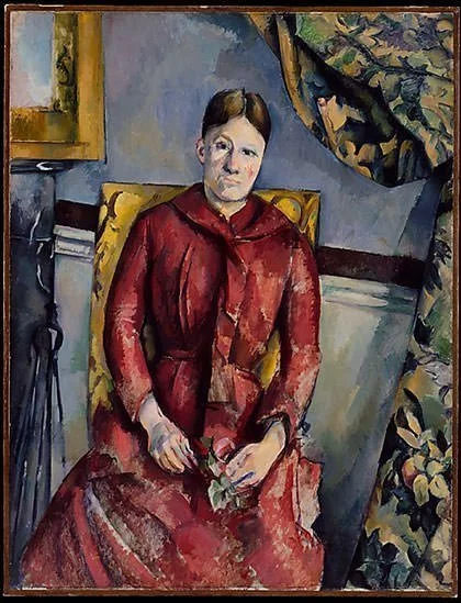 Marie-Hortense Cezanne in a red dress by Paul Cezanne