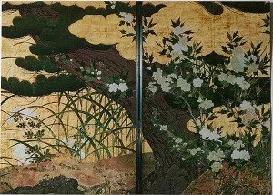 Pine Tree and Flowering Plants by Hasegawa Tohaku