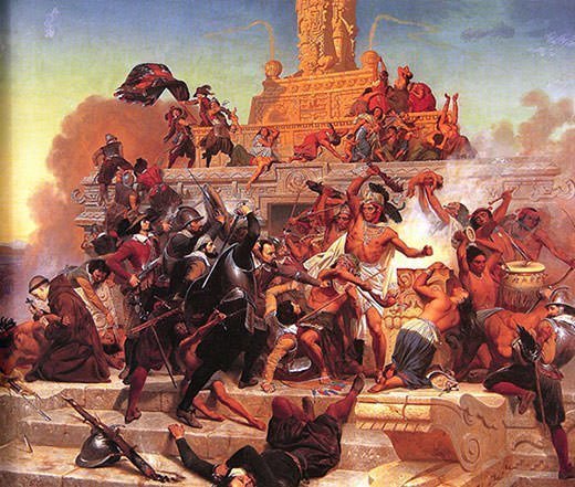 Cortes and his troops storming the Aztecs