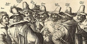Engraving of eight of the thirteen conspirators of Gunpowder Plot