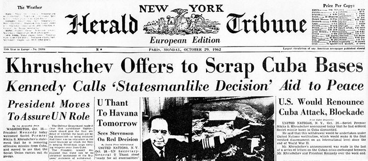 Newspaper headline Cuban Missile Crisis ends