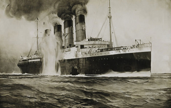Depiction of Lusitania being torpedoed