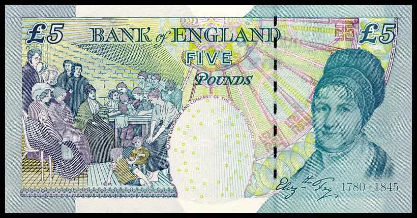 Bank of England's 5 Pound note featuring Elizabeth Fry