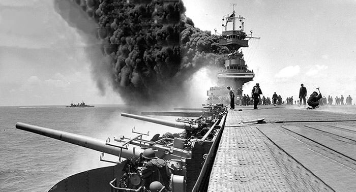 Photo of USS Yorktown during the Battle of Midway