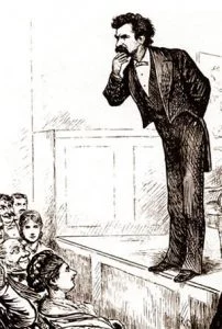 Illustration of Mark Twain giving a lecture