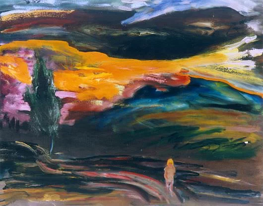 Lone figure and tree in stormy sunset - E. E. Cummings