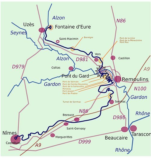 Nimes aqueduct map