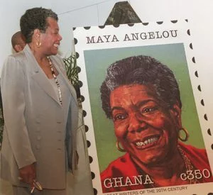 Maya Angelou with her Ghana postage stamp