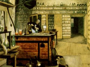 Painting of Michael Faraday in his laboratory