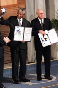 Nelson Mandela and Frederik de Klerk with Nobel Peace Prizes