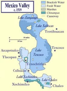 Map of Tenochtitlan's location on Lake Texcoco