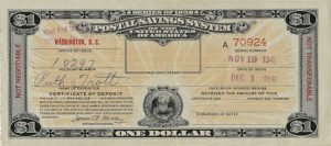 Certificate of 1 dollar deposit in the US Postal Savings System