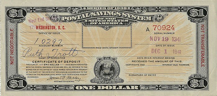 Certificate of 1 dollar deposit in the US Postal Savings System