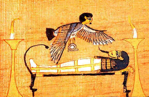Ba over a mummy in a tomb