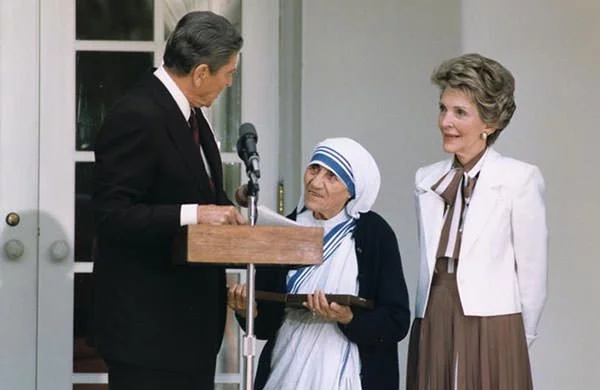 Mother Teresa receiving the Presidential Medal of Freedom