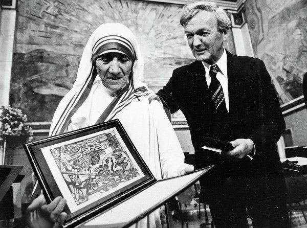Mother Teresa receiving the Nobel Peace Prize