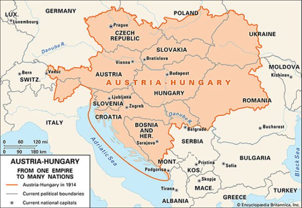 Map Showing Austria Hungary In 1914 And Current Political Boundaries 608x420 