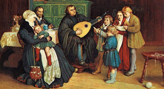Martin Luther playing the lute to his family