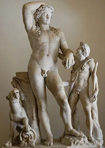 Drunken Dionysos and satyr