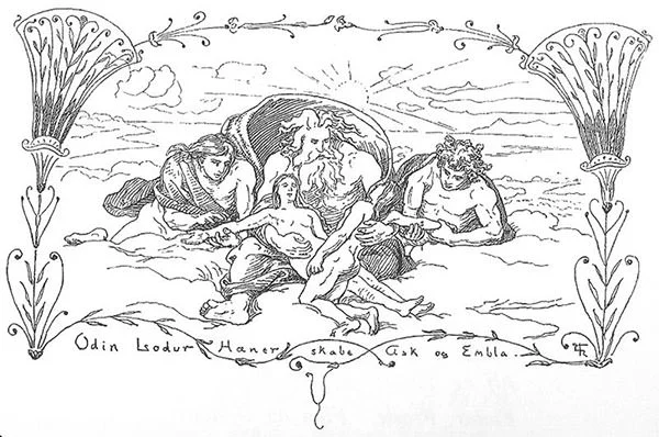 Hoenir, Lodurr and Odin create Askr and Embla