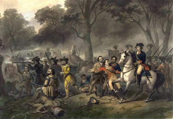 Washington on horseback during the Battle of the Monongahela